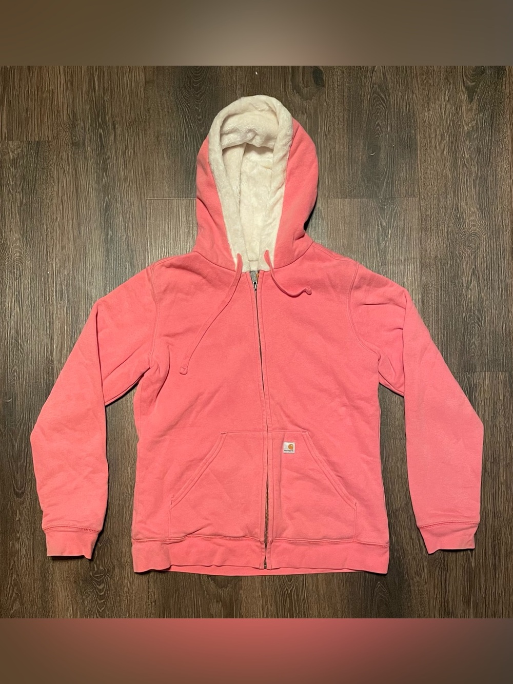 Y2K Carhartt Women’s Fleece Jacket Fuzzy Hood Pink Zip-Up Size Large